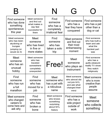 NYL Culture Connect Bingo Card