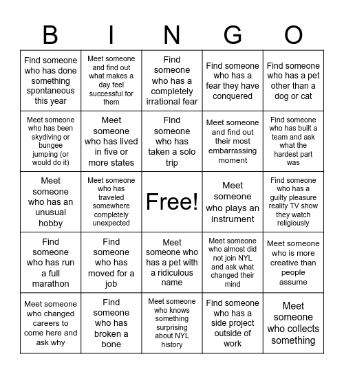 NYL Culture Connect Bingo Card