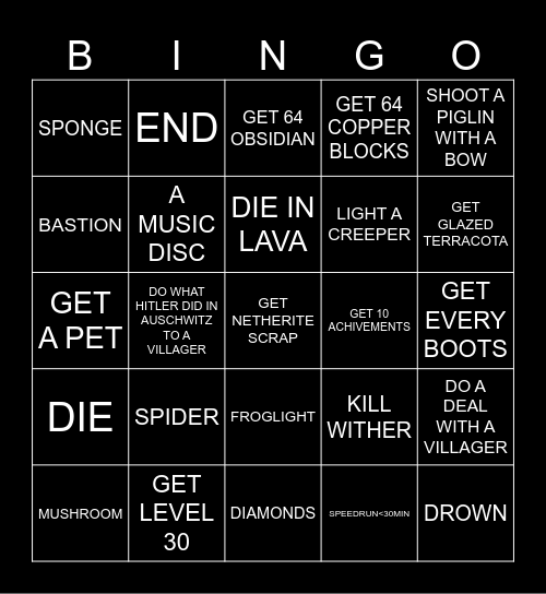 MINECRAFT Bingo Card