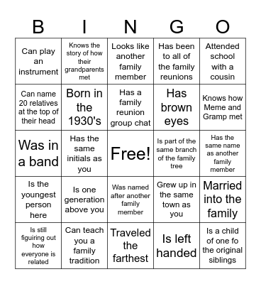 Affeldt Family Reunion Bingo Card