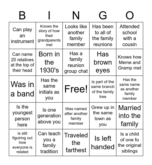 Affeldt Family Reunion Bingo Card