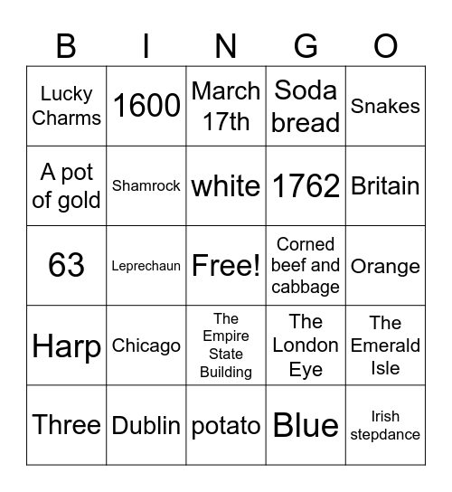 St. Patrick's Day Bingo Card