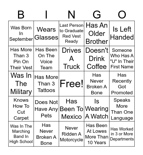 Lowes Bingo Card