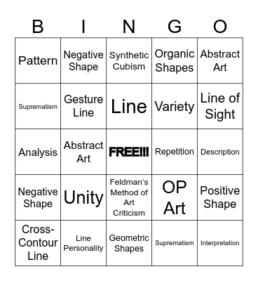 Art 1 Vocab Bingo Card