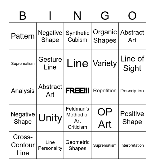 Art 1 Vocab Bingo Card