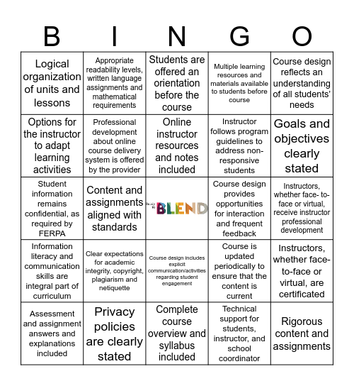 National Standards for Quality Online Courses_8 Bingo Card