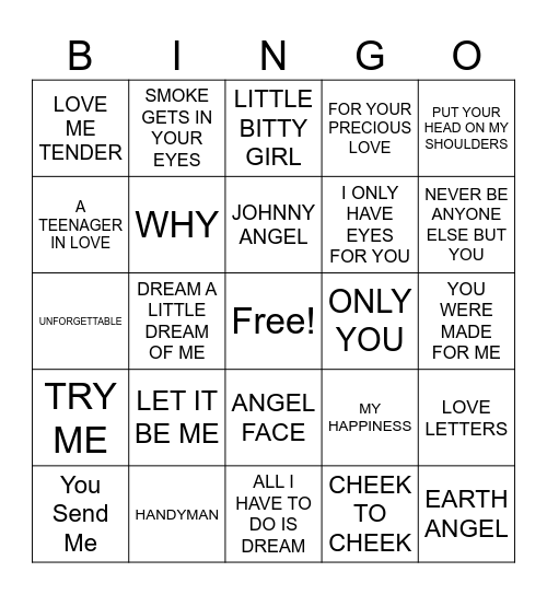 50's Love Songs Bingo Card