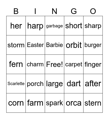 Bossy R Bingo Card