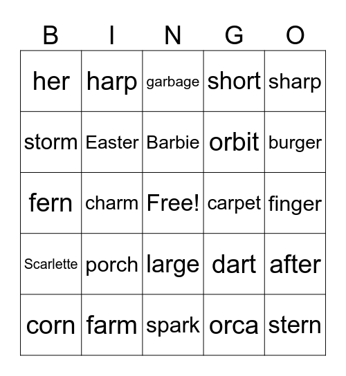 Bossy R Bingo Card