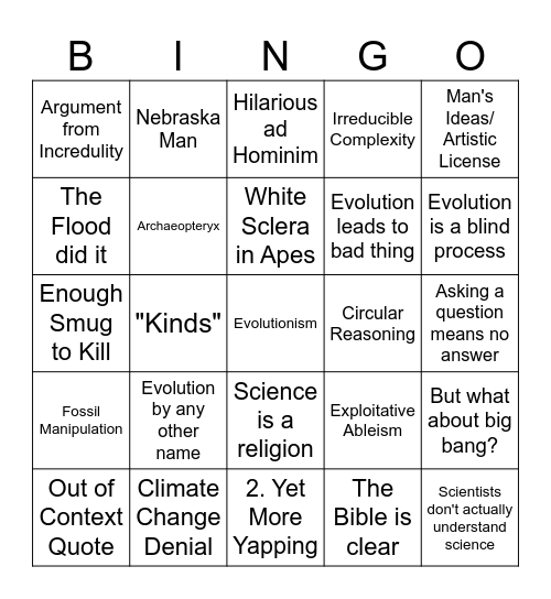 Bad Creationist Arguments Bingo Card