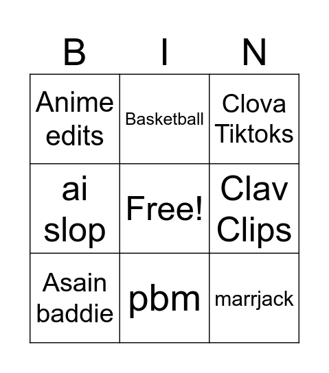 Tik Tok Bingo Card