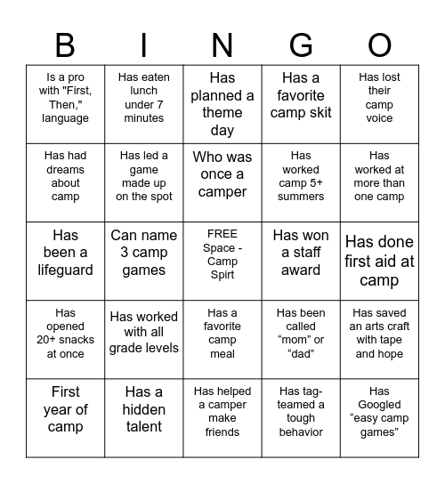 Human Bingo - Summer Camp Edition Bingo Card