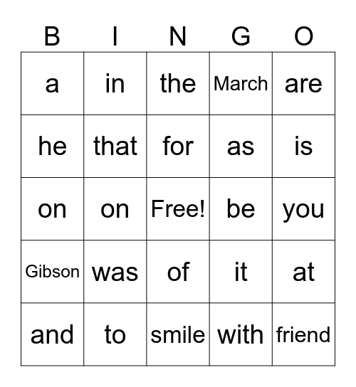 Sight Word Bingo Card