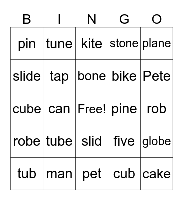 Silent E Bingo Card