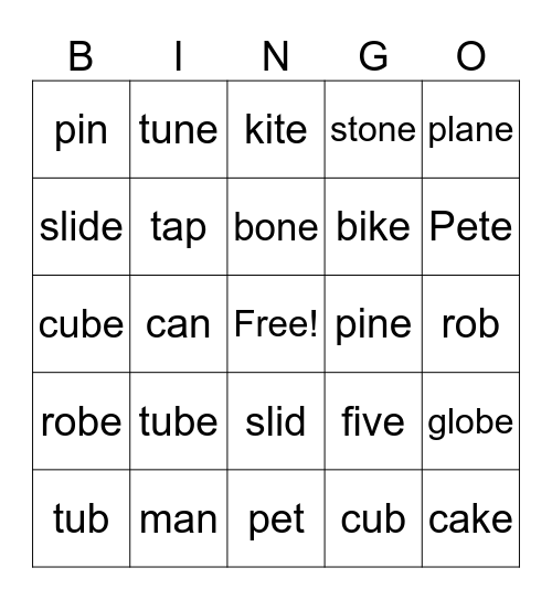 Silent E Bingo Card