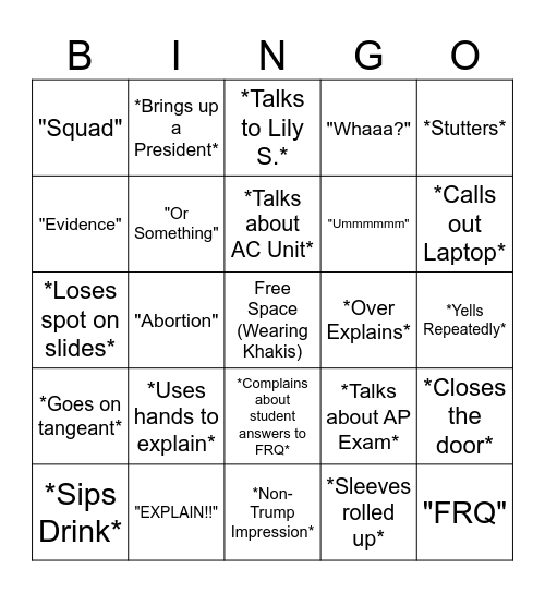Mr. Seitz Bingo Card