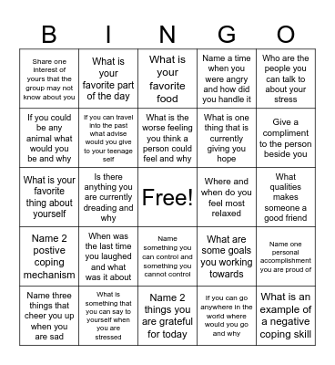Mental Health Bingo Card