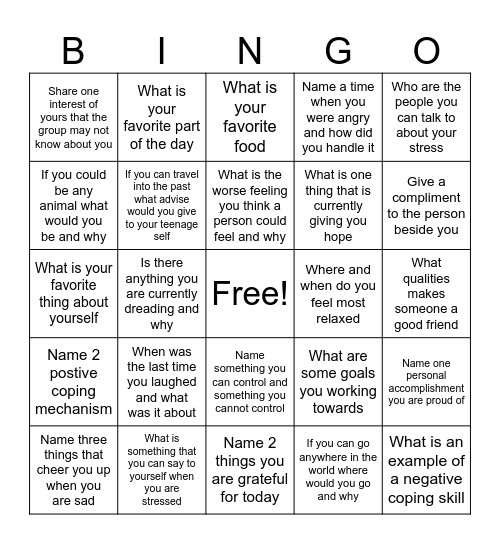 Mental Health Bingo Card