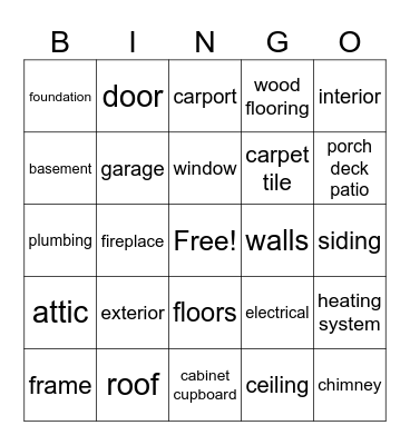 Parts of a House Bingo Card