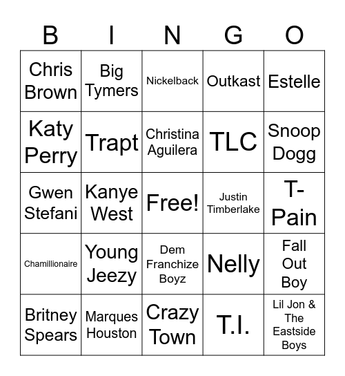 2000's Chart Toppers Bingo Card
