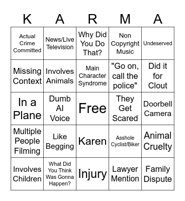 Instant Karma Bingo Card