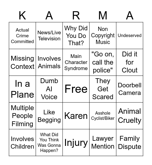 Instant Karma Bingo Card