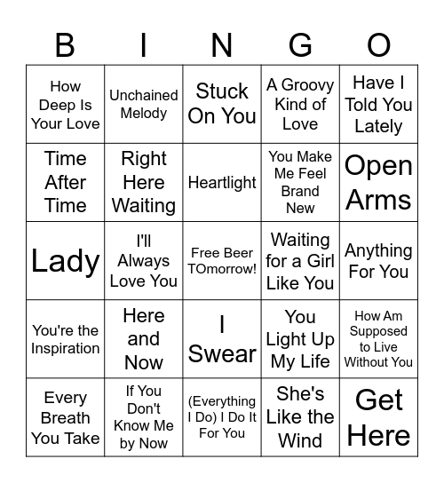 zUltimate Love Songs Collection Bingo Card