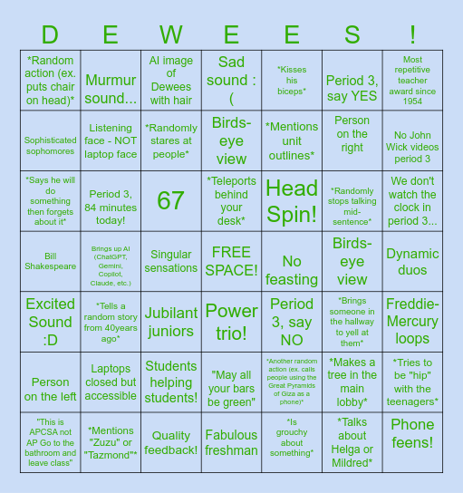 Mr. Dewees's Period 3 APCSA Quotes/Actions! Bingo Card