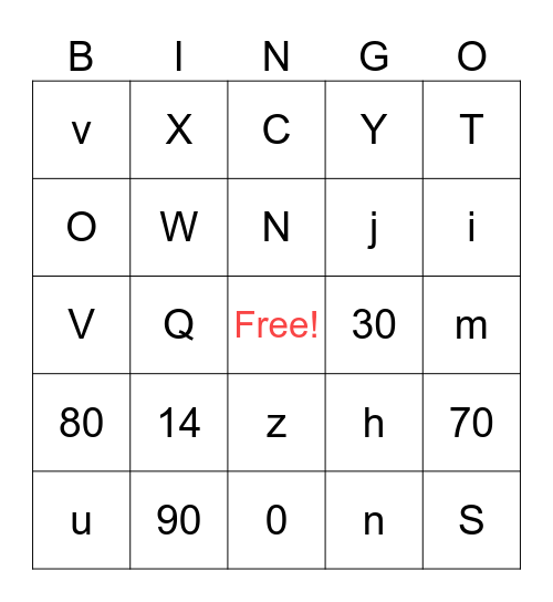 Alphabet, Numbers, and Romaji Bingo Card