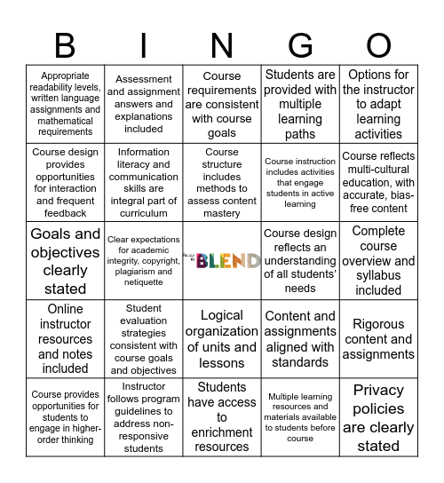 National Standards for Quality Online Courses_4 Bingo Card