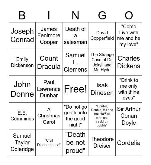 Authors and Lines Week 17-24 Bingo Card