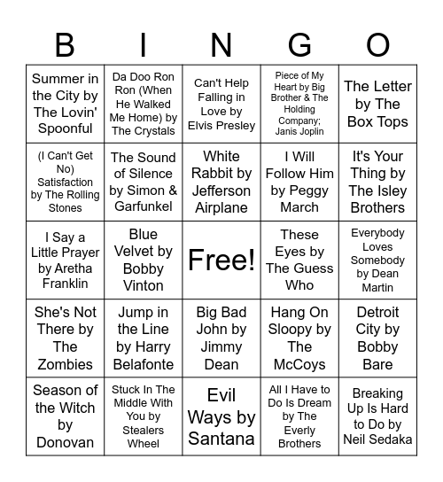 Hits of the 60's BINGO Card