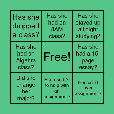 College Adventure Bingo Card