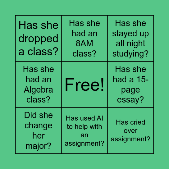 College Adventure Bingo Card