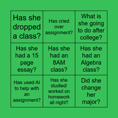 Rae's College Adventure Bingo Card