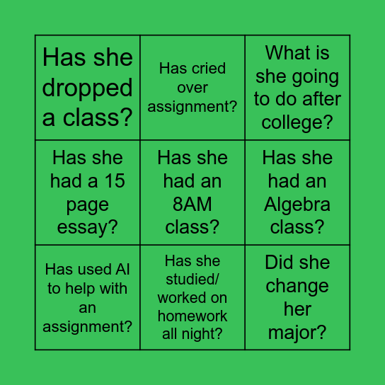 Rae's College Adventure Bingo Card