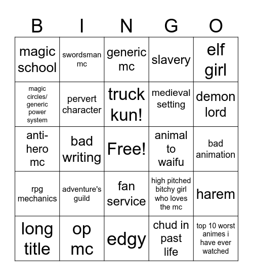 isekai slop Bingo Card