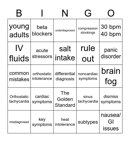 Postural Orthostatic Tachycardia Syndrome (POTS) Bingo Card