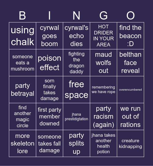 Underdark Bingo Card