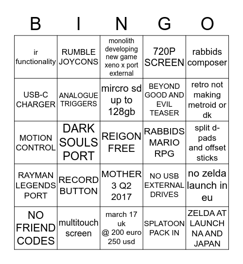 SWITCH BINGO CARD Bingo Card