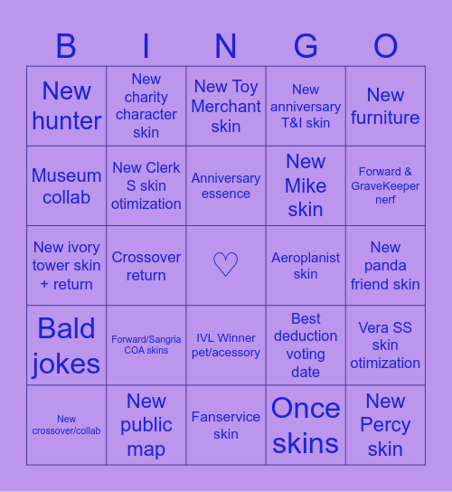 Identity V LiveStream Bingo 3/6 Bingo Card