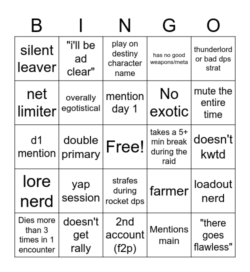 Destiny 2 Lfg Bingo Card