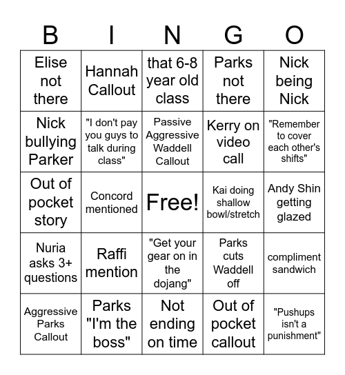 Staff Meeting Bingo Card