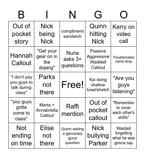Staff Meeting Bingo Card