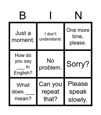 Survival English Basics Bingo Card