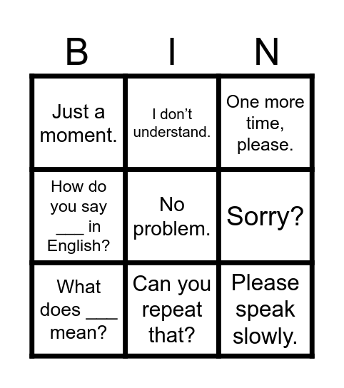 Survival English Basics Bingo Card
