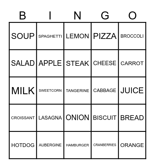 FOOD BINGO Card