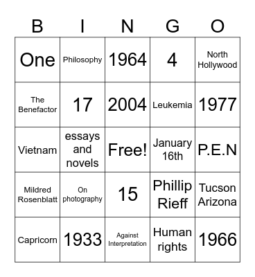 Susan Sontag Bingo Card