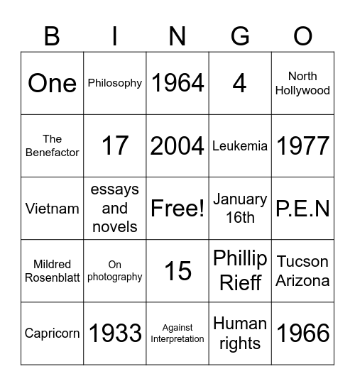 Susan Sontag Bingo Card