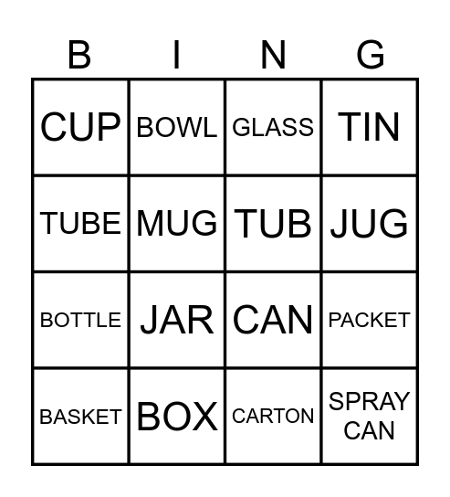 CONTAINERS Bingo Card